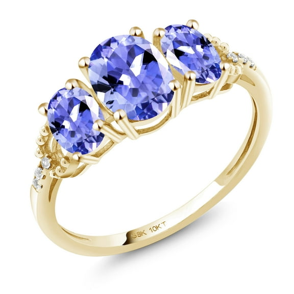 Gem Stone King 10K Yellow Gold Oval Blue Tanzanite and Diamond Accent 3-Stone Engagement Ring for Women | 1.67 Cttw | Three Stone Wedding Engagement Anniversary Promise Ring for Women| Size 7