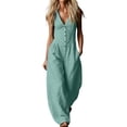 thumbnail image 3 of VBVC Women's Sleeveless V Neck Wide Leg Jumpsuit , Casual Loose Summer Long Romper For Women , Ladies' Button Down One Piece Outfit with Pockets , Green , S-2XL, 3 of 8