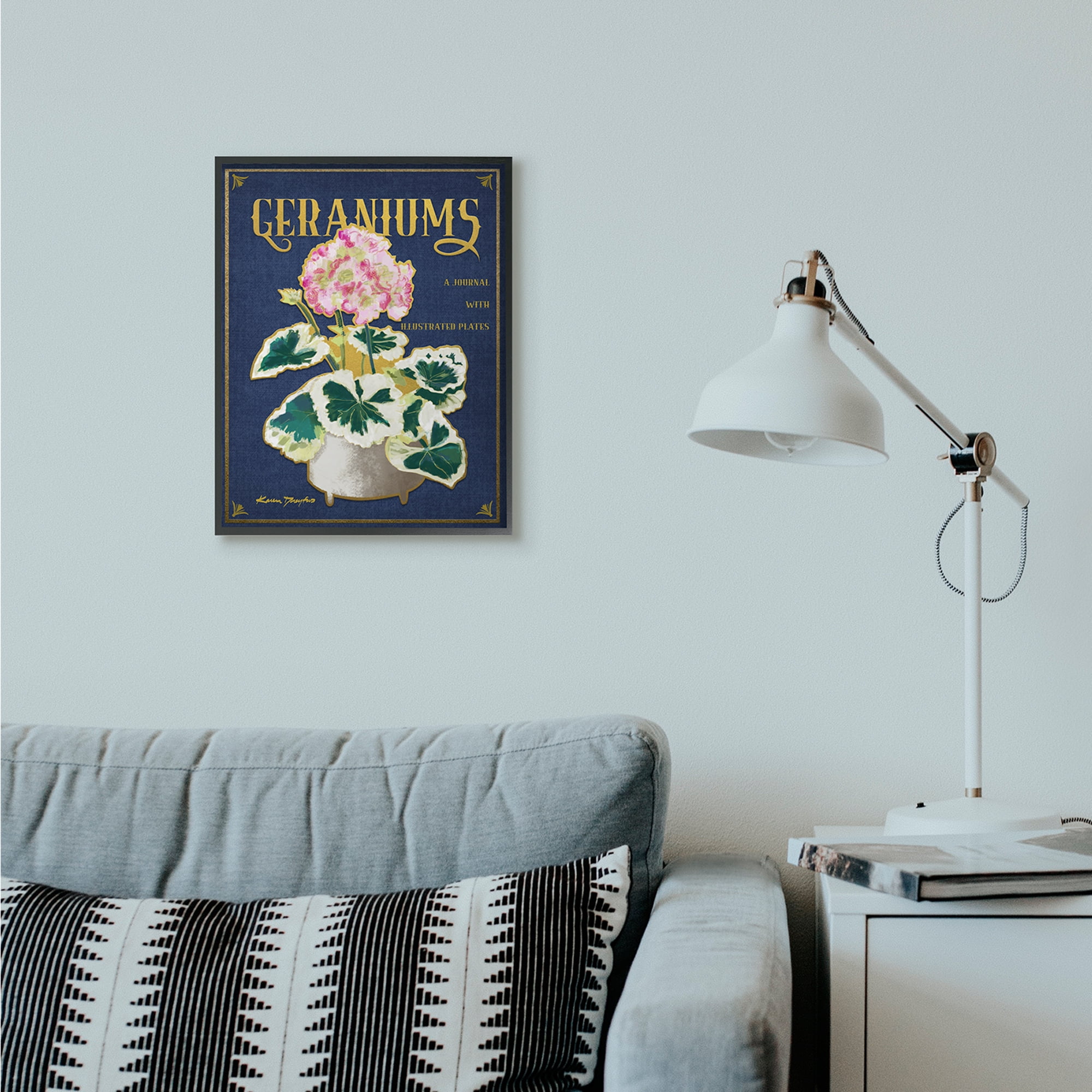 Stupell Industries Geraniums Blue Gold Flower Word Design Graphic Art Black Framed Art Print Wall Art, 16x20, by Karen Dreyfus