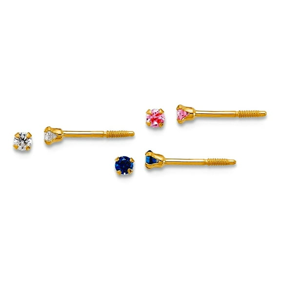14k Solid Gold Polished 2mm White Pink and Blue Cubic Zirconia Screw Back Set Of 3 Earrings Stud Earring for Women