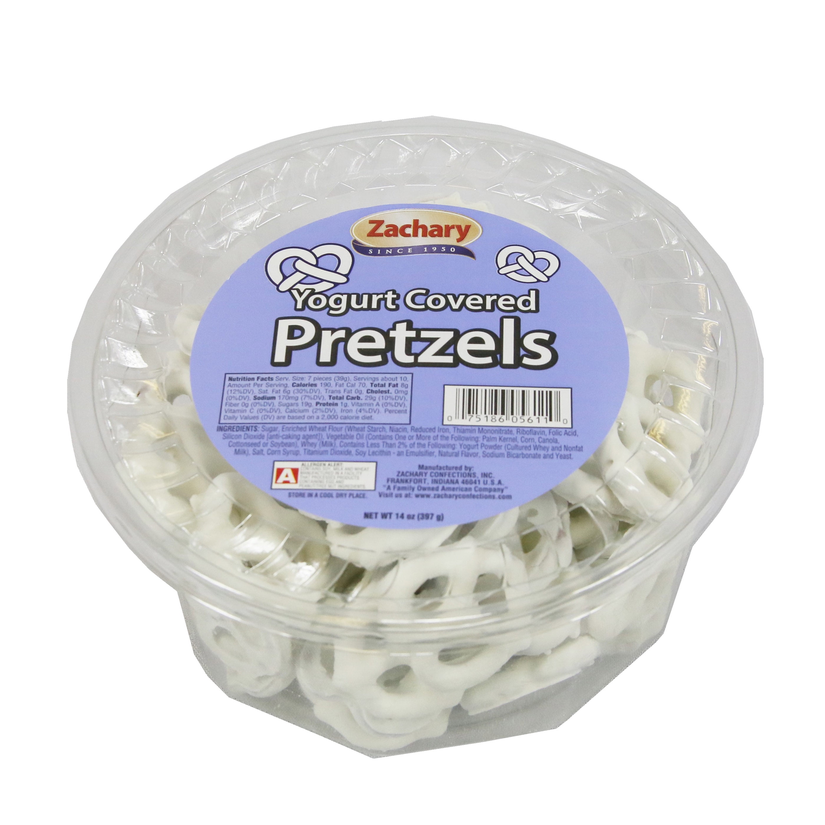 (4 pack) Zachary, Yogurt Covered Pretzels, 14 oz. Tub Contains: Soy, Milk, and Wheat.