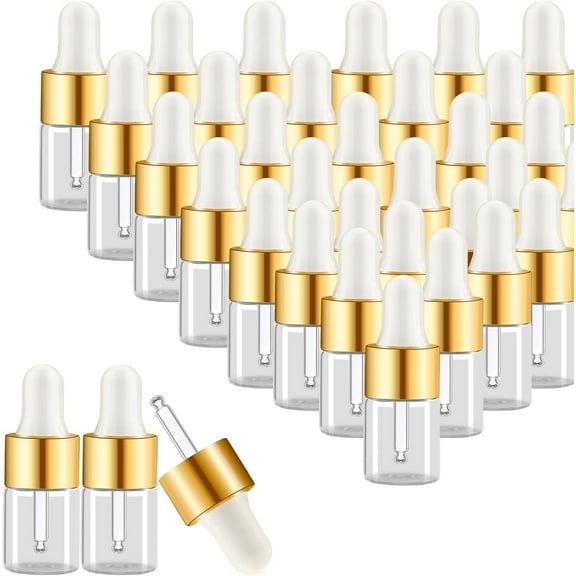 100 Pcs Sample Dropper Bottles,Mini Glass Dropper Bottle Bulk,Clear Essential Oil Dropper Bottles for Cosmetic Liquid Perfume,Empty Travel Sample Vials with Gold Cap for Traveling(1 ml,Gold)