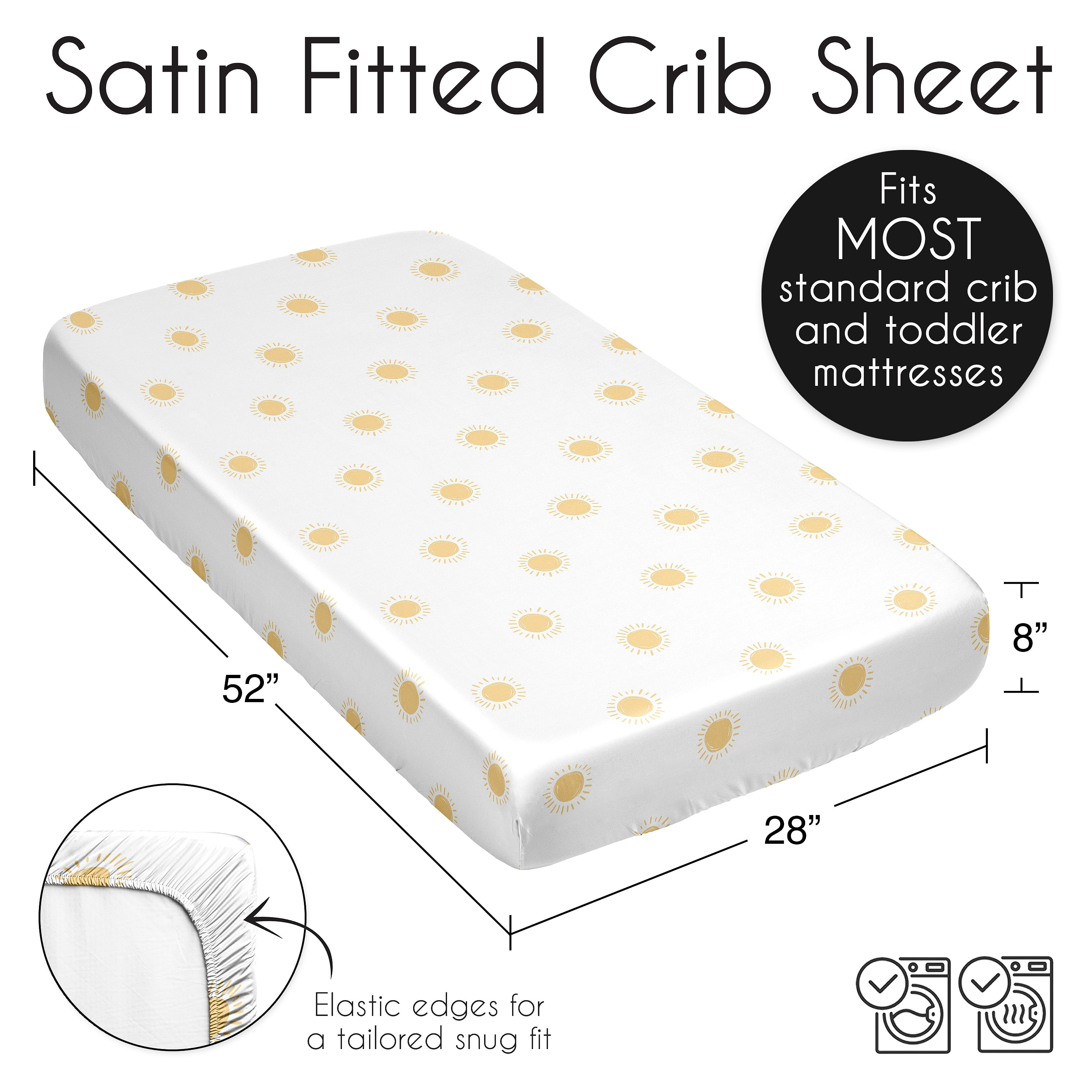 Sweet Jojo Designs Boho Sun White and Mustard Boy, Girl, Unisex/Gender Neutral Satin Fitted Crib Sheet