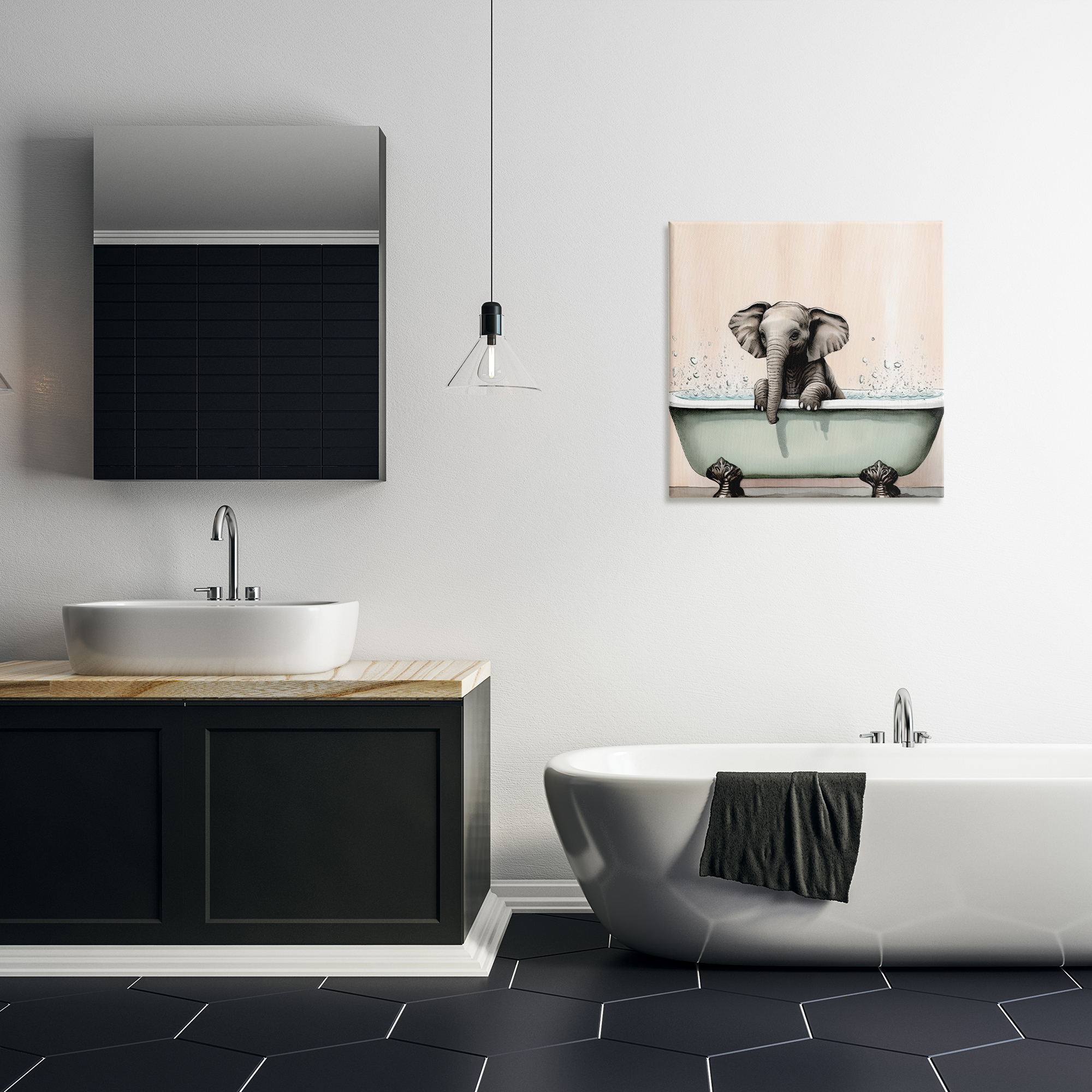 Baby Elephant Bathtime Canvas Wall Art, design by Sasha