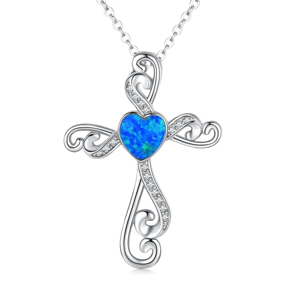Coachuhhar Cross Necklace 925 Sterling Silver Heart Blue Opal Pendant Necklace Cross Jewelry Gifts for Women