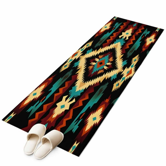 Boho Orange Teal Runner Rug 2x6 FT, Non Slip Hallway Carpet, Vintage Geometric Southwestern Ethnic Washable Soft Floor Carpet Throw Runner Carpet Long Rug for Entryway Kitchen Bedside Sliding Door