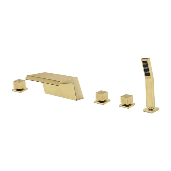 Cobbe 5-Hole Deck Mount Bathtub Faucet Kit with Hot Water Switch, 7.09-Inch Wide Bathtub Spout, Cold Water Switch, Diverter Knob and Handheld shower Brushed Gold
