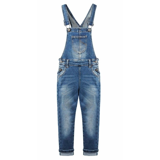 Overol Vaquero Desgastado de Algodón Roto Para Niñas, KIDSCOOL SPACE, Azul Profundo,10-11 Años