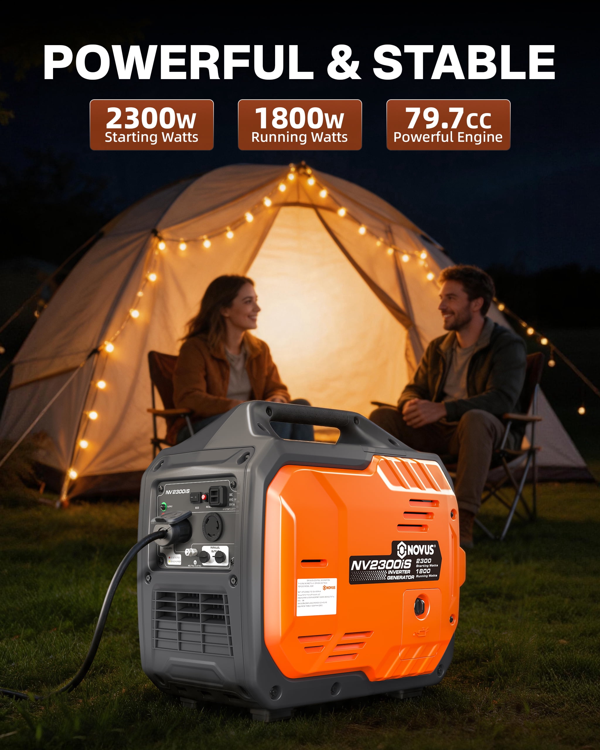 NOVUS 2300-Watt Portable Inverter Generator, Gas Powered, Quiet & Lightweight, RV Ready, CO Sensor, Parallel Capable, for Emergency, Camping