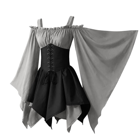 KICILVS Gothic Dresses for Women Off Shoulder Bell Sleeve Patchwork Corset Waist Layered Flowy Witch Theme Mini Dress Gray