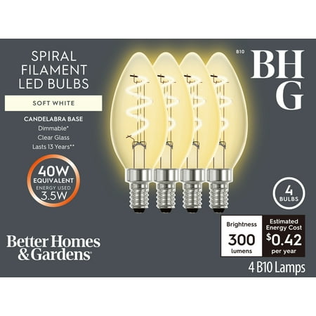 Better Homes & Gardens B10 LED Light Bulb, 3.5W (40W Equivalent) Soft White Dimmable E26 Base 4 Pack