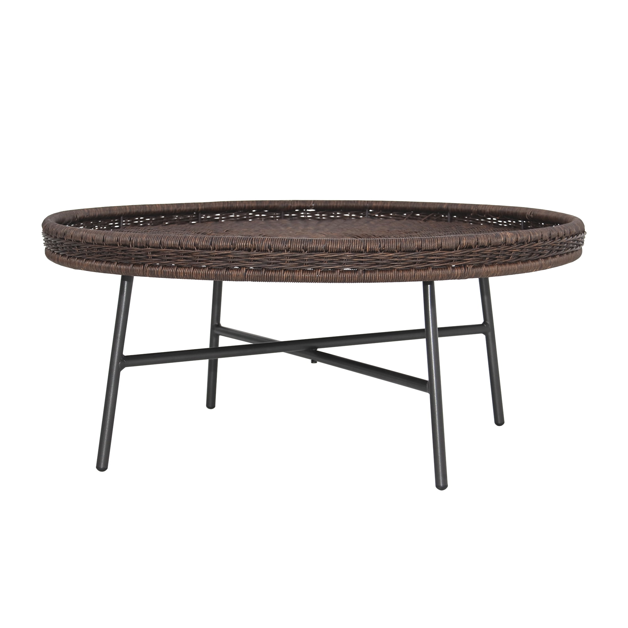 Abble 30” Round Dark Brown PE Wicker Coffee Table with Black Metal Legs,  Indoor or Outdoor use for Living Room, Patio, Garden, Backyard, Porch