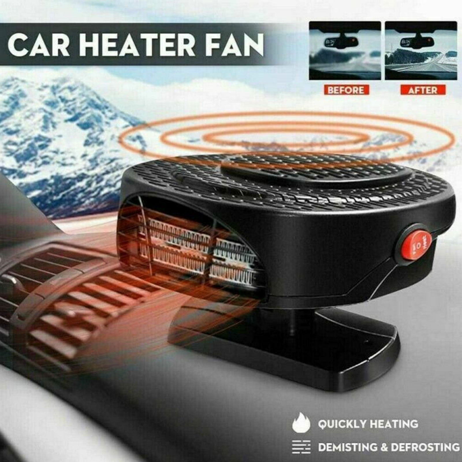Black Portable Car Heater Fan Defroster Demister,30 Seconds Fast Heating Quickly Defrosts Defogger Car Vehicle Cooling Fan Auto Windscreen Heater 
