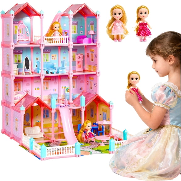 Huge Dollhouse for Girls, Large Pretend Play Pink Doll House Gift for Kids