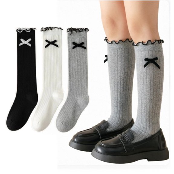 3 Pairs Girls Knee High Socks Ruffle Bow Cotton Socks Cute Preppy Cotton Socks Kids School Uniform Sock for School 3-12Y