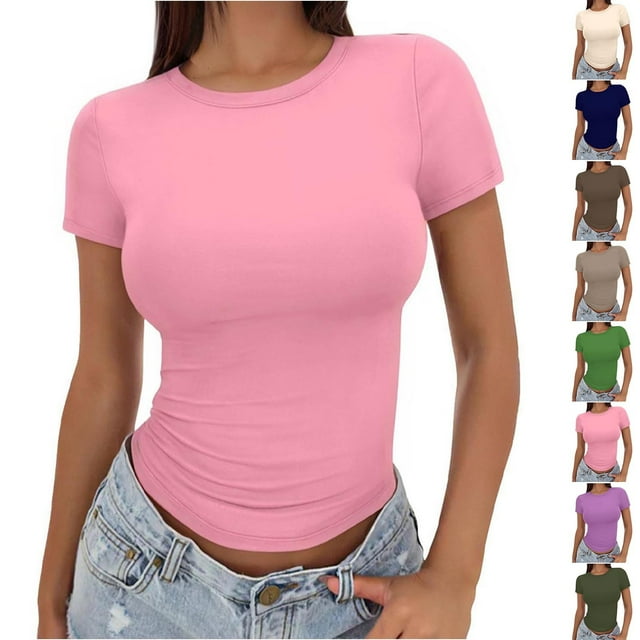 QIPOPIQ T-Shirts Basiques pour Femmes Col Rond Manches Courtes Courts Hauts Mignons d'Été T-Shirts Ajustés Vêtements Y2k Liquidation 2025