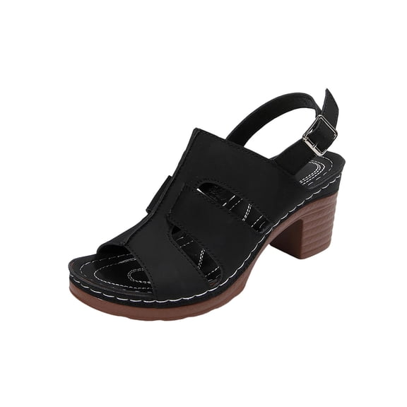 Black Women'S One-Strap Sandals Round Toe Open Toe High Heel Plus Size Solid Color Black 9.06 In