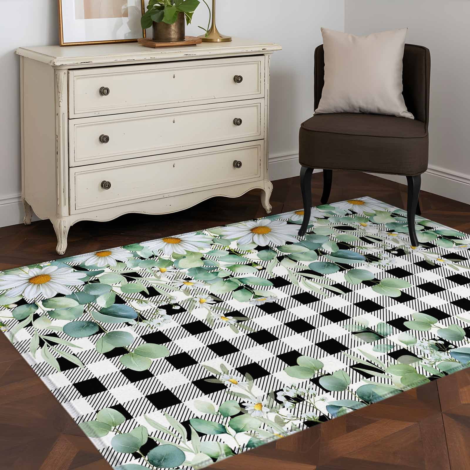 Kitchen Mats for Floor 3x5 Ft, Green Eucalyptus Leaves Non Slip Area Rugs for Kitchen Bedroom Entryway, Daisy Floral Washable Carpet Runner Rug Floor Mats for Bedroom Summer Botanical Plaid