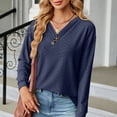 thumbnail image 4 of Women V Neck Blouse Long Sleeve Textured Jacquard Button Front Decoration Pullover Top Navy Blue M, 4 of 6