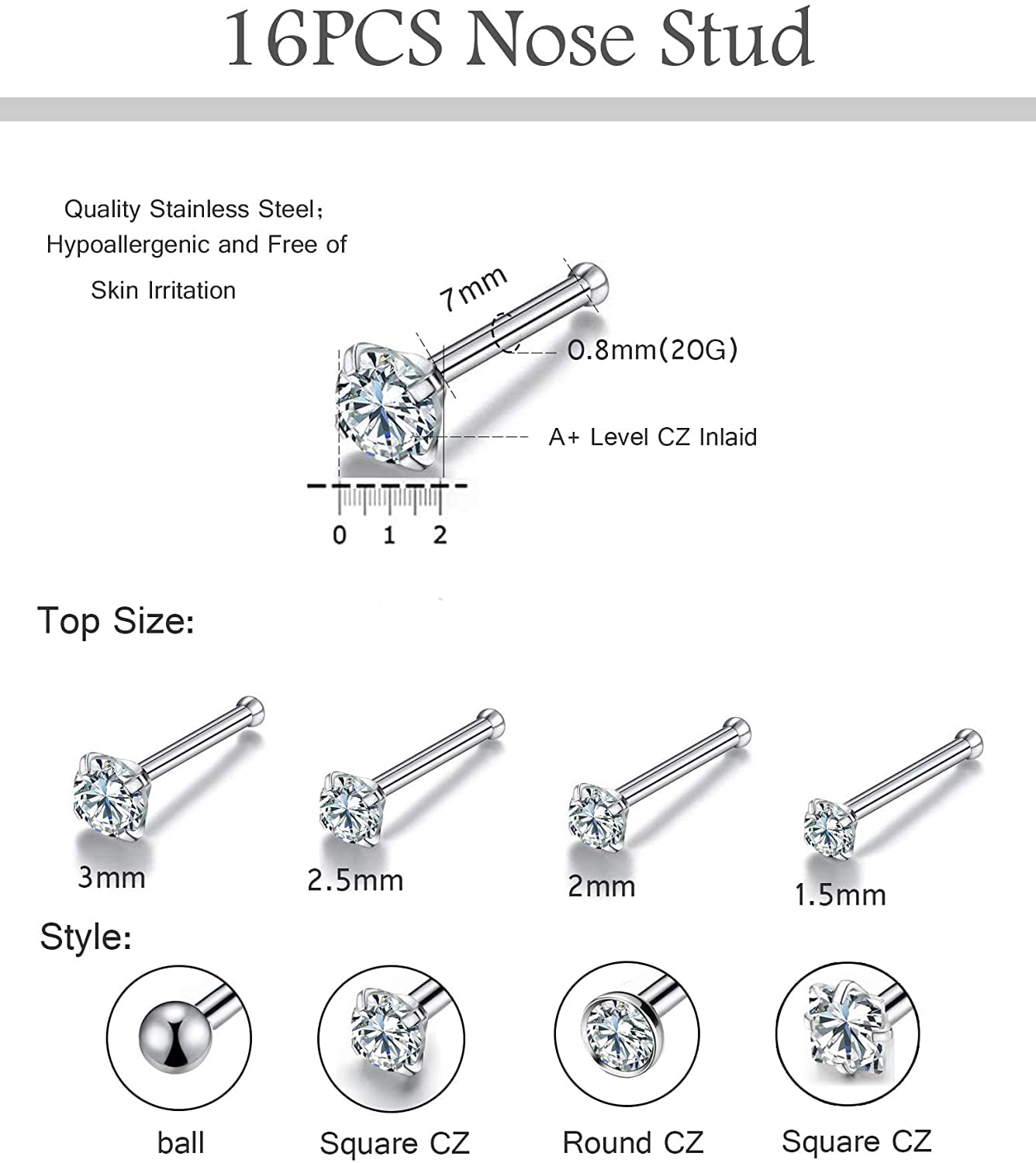 20G 16Pcs Stainless Steel Stud Nose Ring CZ L Shape Nose Body Piercing for Womens Mens 