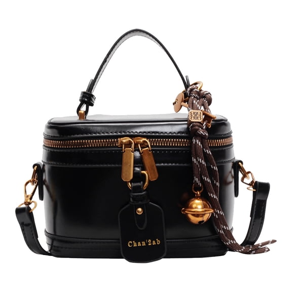 husxh Retro Leather Bucket Bag for Women Zipper Closure Shoulder Purses (Black)
