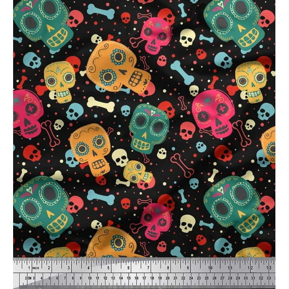 Soimoi Japan Crepe Satin Fabric Dot,Bone & Skull Printed Craft Fabric by The Yard 42 Inch Wide