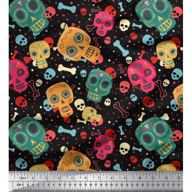 Soimoi Polyester Crepe Fabric Dot,Bone & Skull Print Sewing Fabric Yard 52 Inch Wide