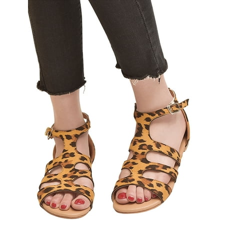 

Ymiytan Ladies Anti Slip Gladiator Holiday Comfy Leopard Flats Lady Ankle Strap Shoes