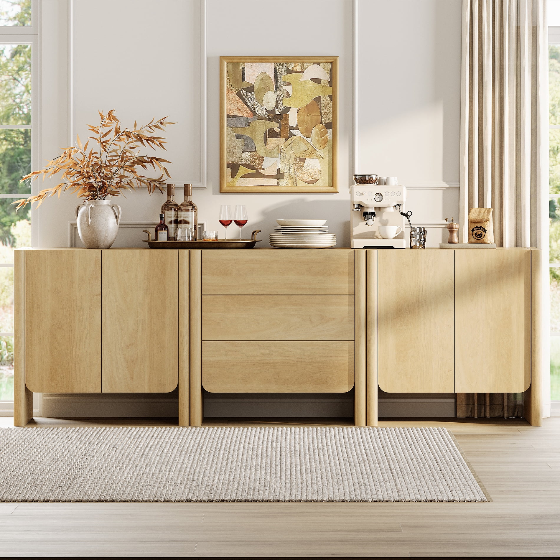 Modern French TV Stand, 94.5-Inch 3-Piece Media Console with 4 Doors and 3 Drawers, Supports TVs up to 105 Inches, Oak