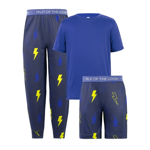 Fruit of the Loom Boy's Getaway Loose Fit Short Sleeve Top, Pajama Sleep pant & Short Set, 3-Piece, Sizes 4/5-14/16