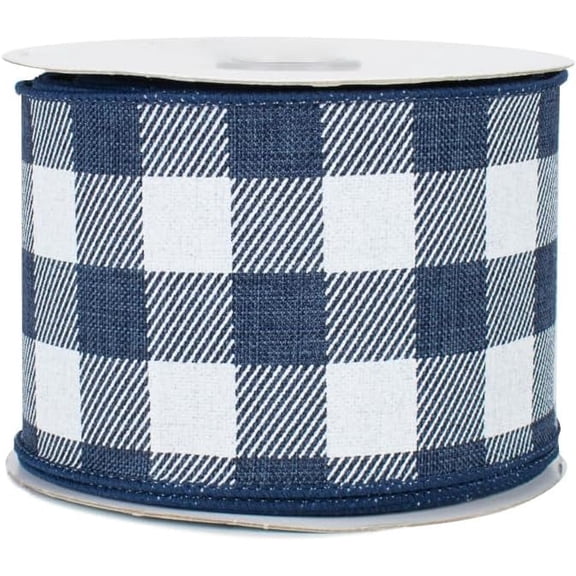 Navy Blue White Plaid Wired Ribbon - 2 1/2" x 10 Yards, Memorial Day, 4th of July, America 250 Anniversary, Tree Ribbon, Wreath, Birthday, Wedding, Police Support, Summer, Baby Shower, Farmhouse