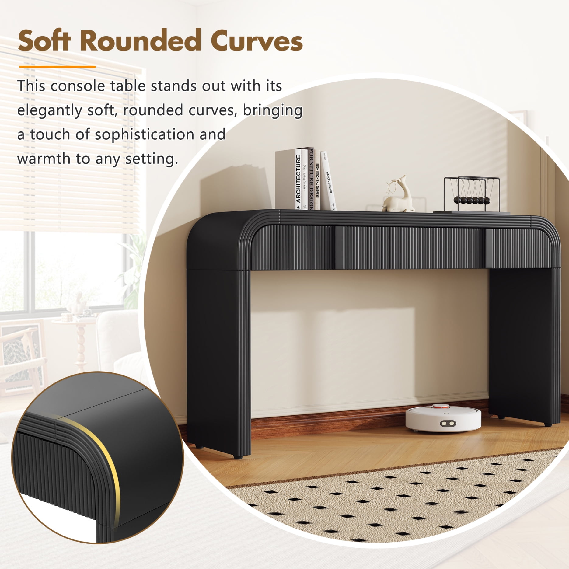 Smooth Surface Console Table, Unique Modern Rounded Silhouette  Table Console with 2 Drawers, Tall Console Table for Living Room and Entryway, Black