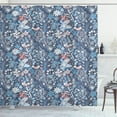 thumbnail image 1 of Jacobean Shower Curtain, Spring Themed Floral Damask with Petals Oriental Motif on Stripes, Fabric Bathroom Set with Hooks, 69W X 84L Inches Extra Long, Slate Blue and Multicolor, by Ambesonne, 1 of 2