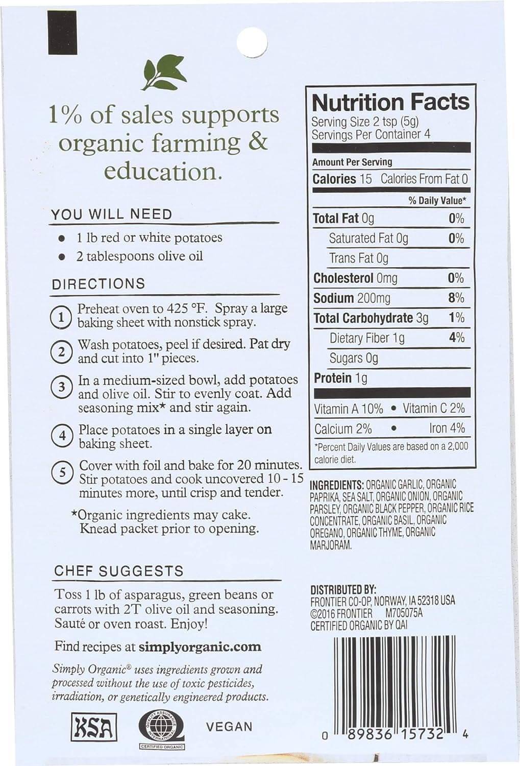 (Price/case)Simply Organic Vegetable Seasoning Mix - Organic - Garlic and Herb - .71 oz - Case of 12