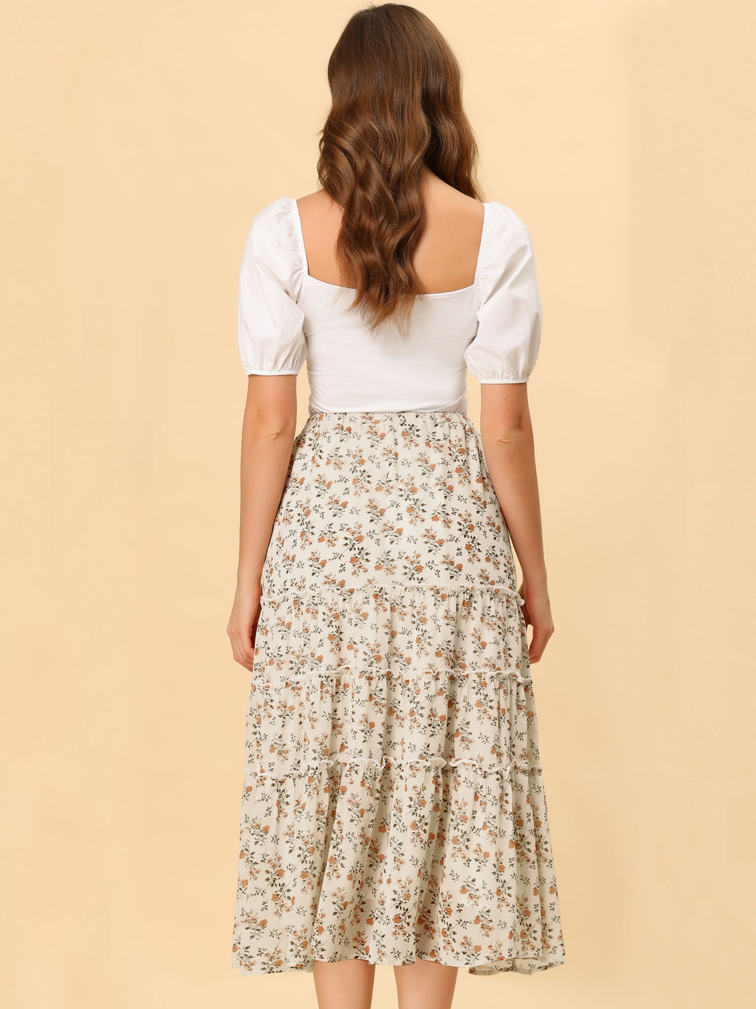 DARING DIVA Women's Chiffon Tiered A-Line Maxi Skirt XL White A