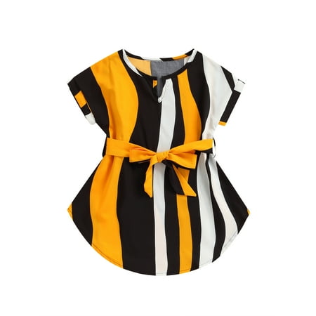 

Suanret Summer Kids Baby Girls Casual Dress Short Sleeve V-Neck Color Contrast Printed Patchwork Dress with Belt Yellow White 2-3 Years