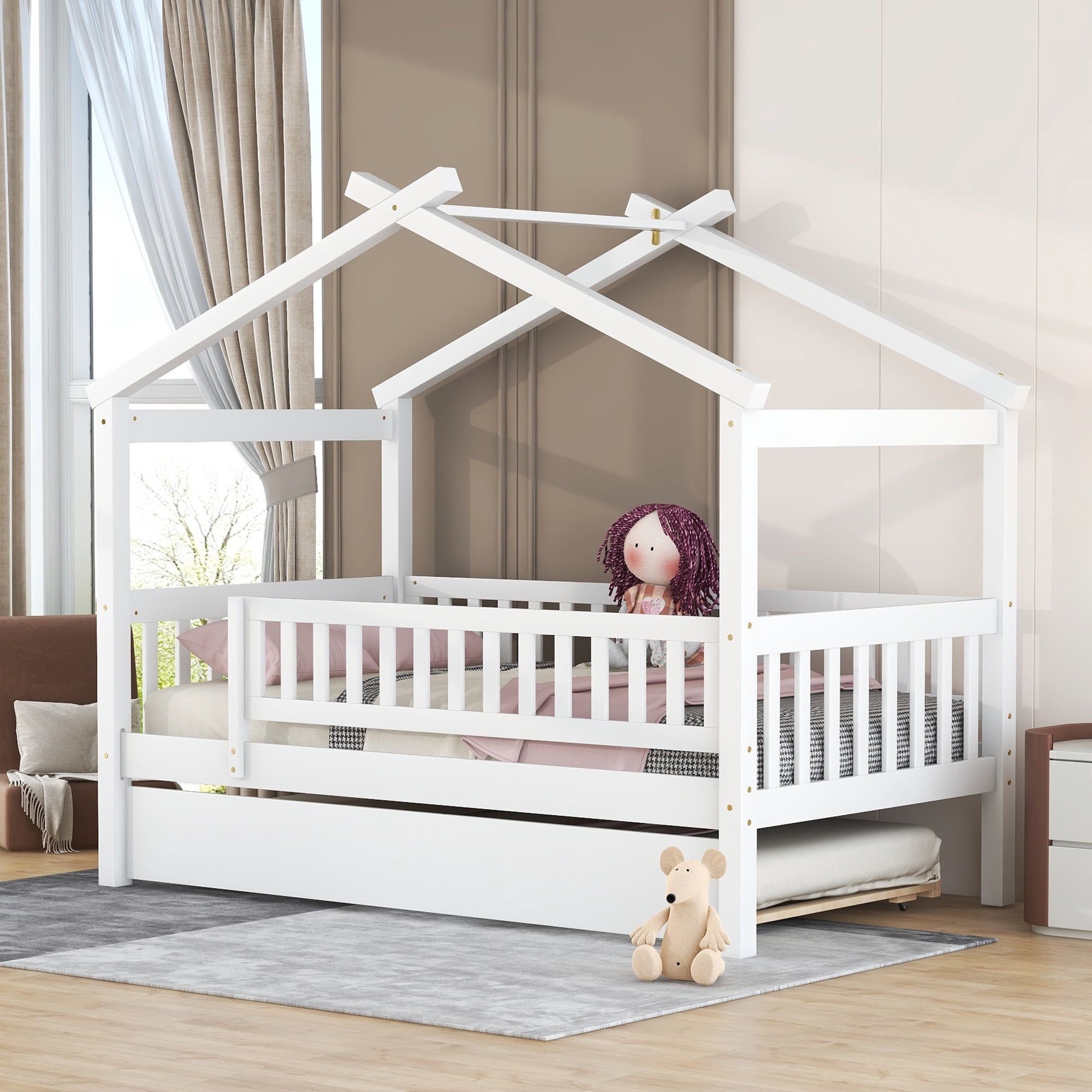 Euroco Twin Size House Bed with Trundle, Canopy Low Profile Bed for Kids, White