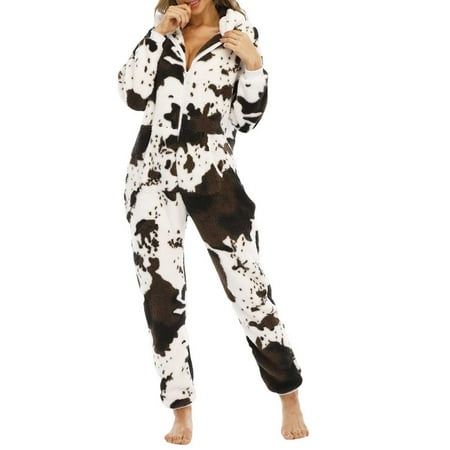 

Womens Cow Print Plush Jumpsuits Winter Home Casual Hooded Long Sleeve Baggy Comfy Wide Leg Rompers Bodysuits