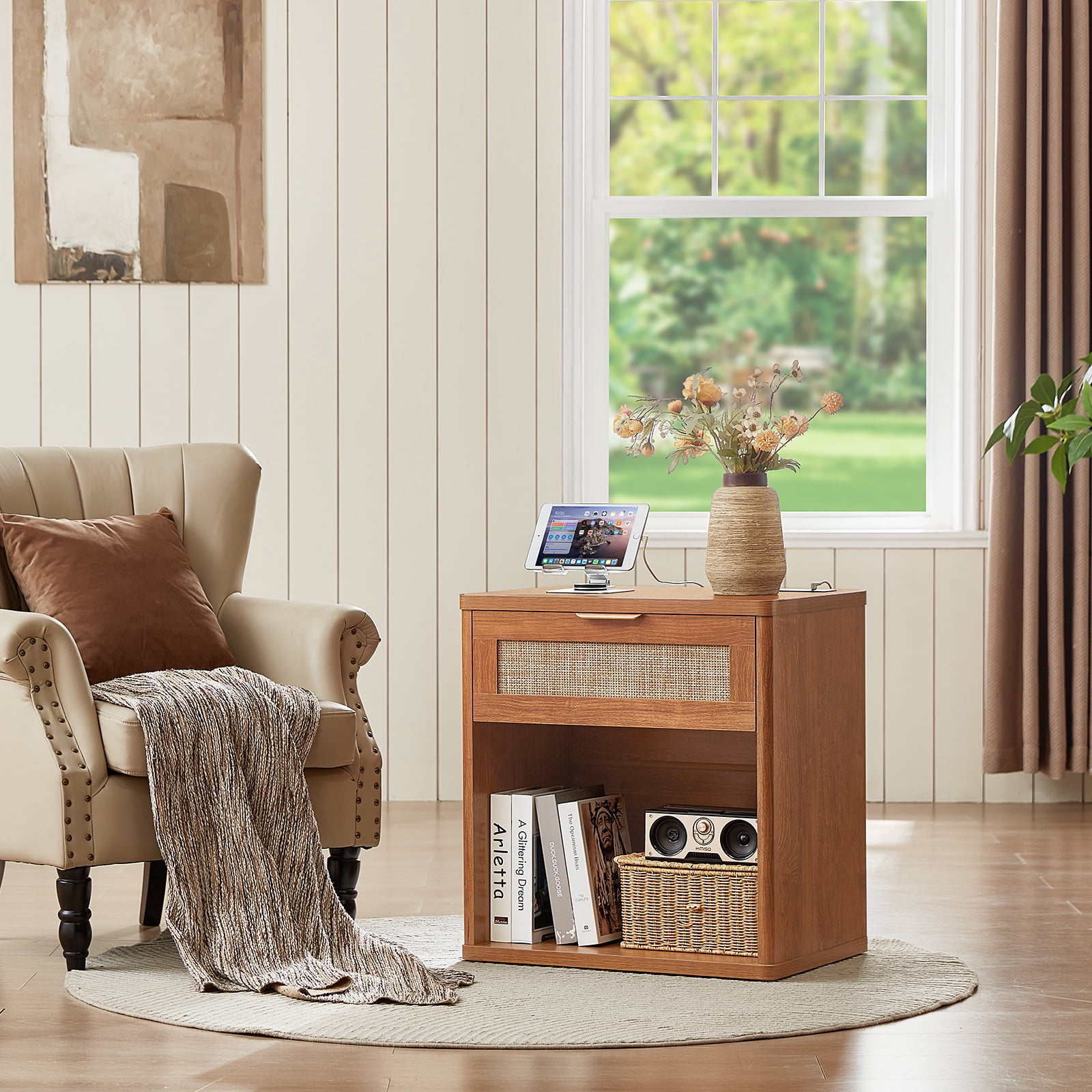 LELELINKY 2pc Rattan Nightstand with Charging Station, 23" Wide Boho Bedside Table with Drawer and Shelf for Bedroom, Living Room, Tea Color