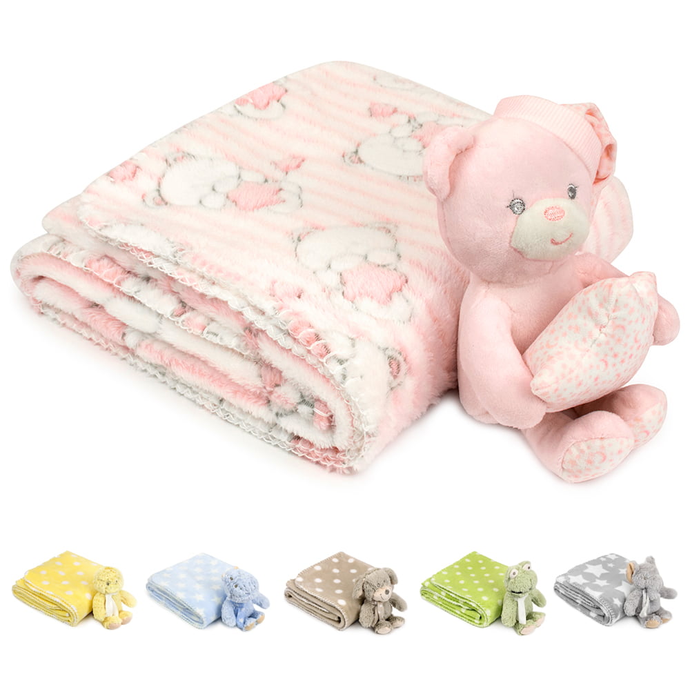 BabyPrem Baby Comfort Blanket Soft Satin Bear Gift Blue Pink Boys Girls Soft Toy 