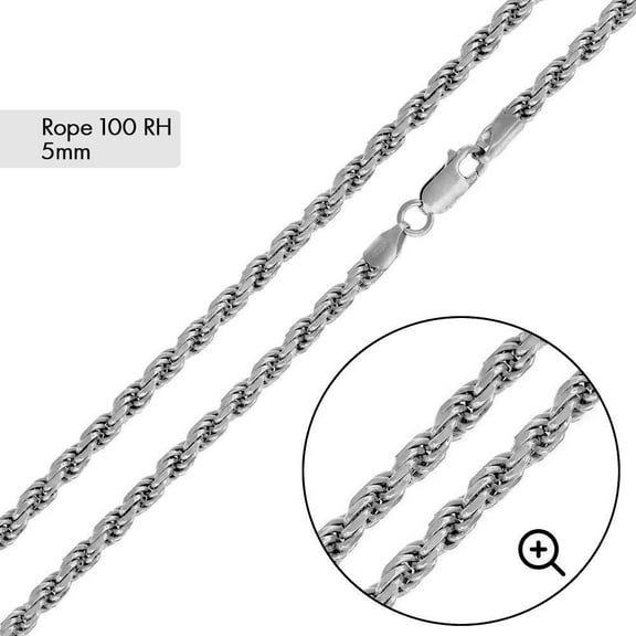 Rhodium Plated 925 Sterling Silver Diamond-Cut Rope 100 Chain 5mm Italy 26" Jewelry Female Unisex