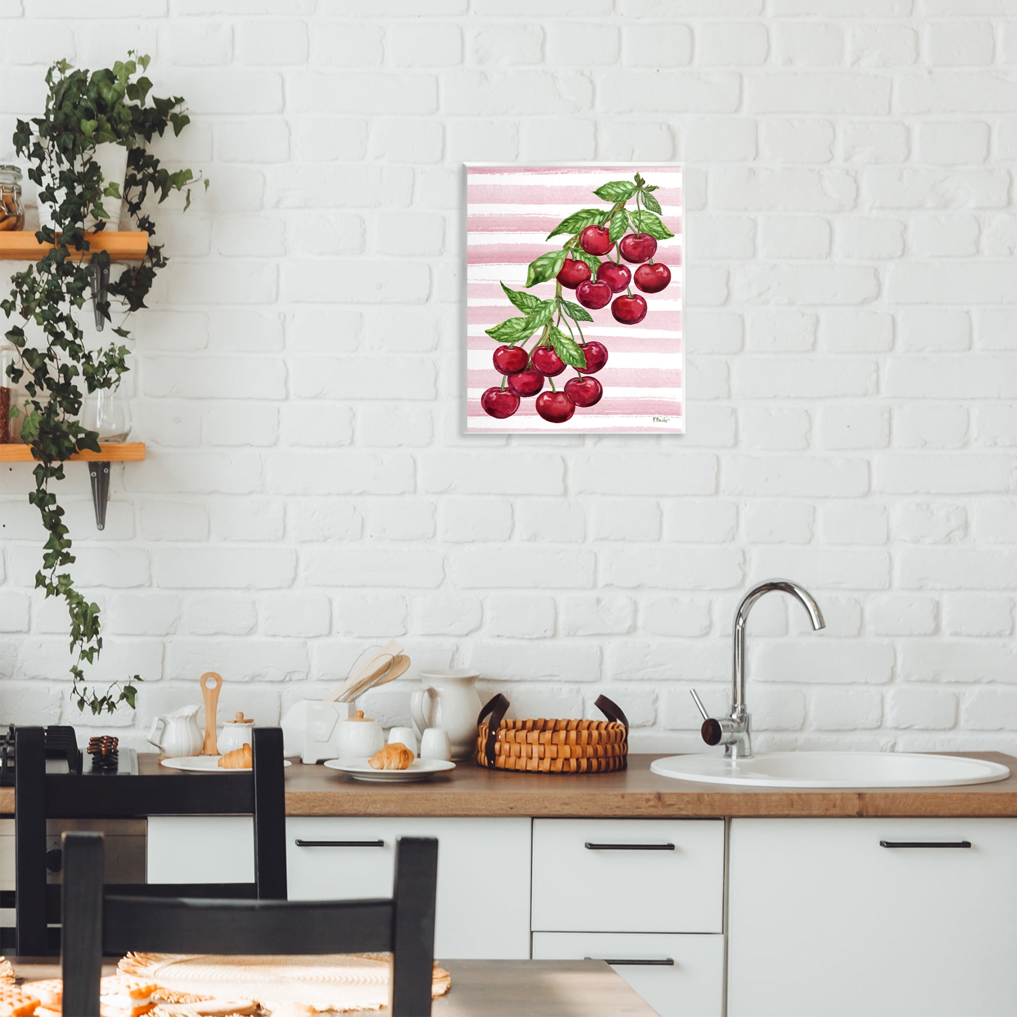 Stupell Industries Juicy Cherry Vine on Stripes Wall Plaque Art, design by Paul Brent