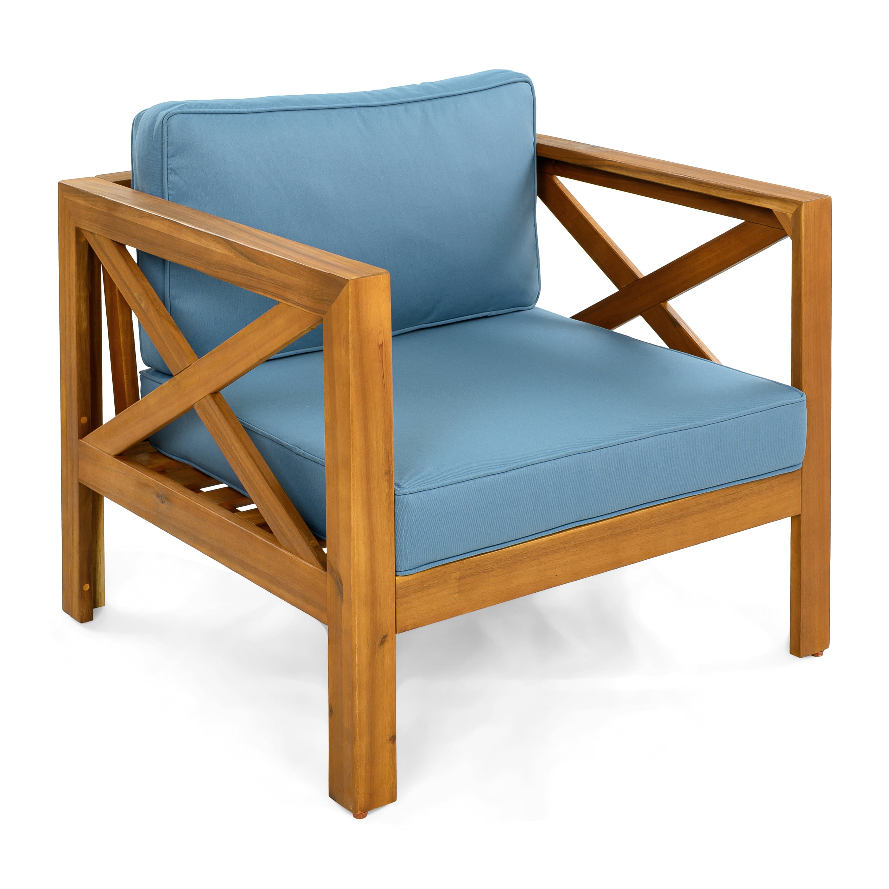 Wooden Armchair Set of 2, Outdoor Acacia Wood Club Chair with Cushions for Patio Garden, Teak and Blue