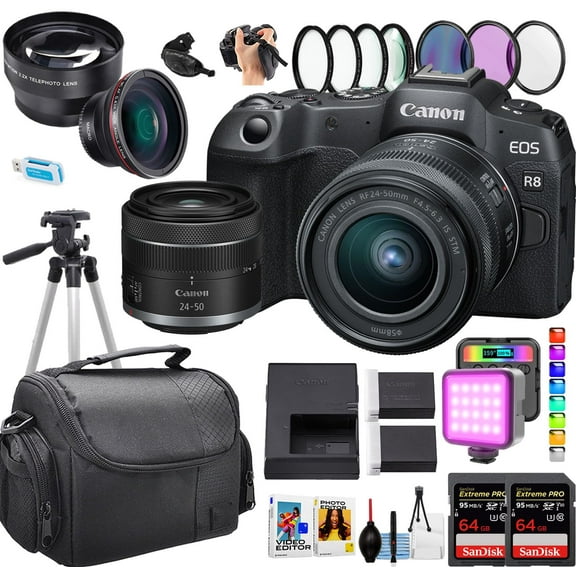 Canon EOS R8 Mirrorless Camera w/24-50mm Lens   2pc Sandisk 64GB Extreme Memory Card   Camera Case   More (21pc Bundle)