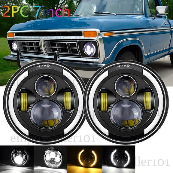 For 69-78 Ford F100 F150 F250 Pair 7inch Round LED Headlights Halo High Low Beam