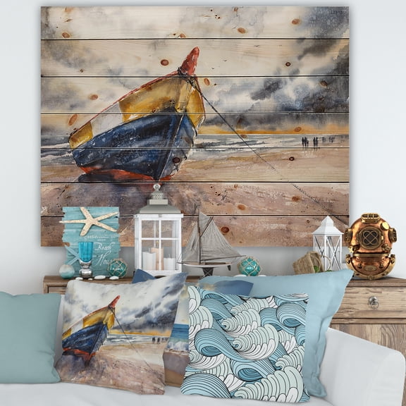 Designart 'Wooden Boat On The Baltic Shores At Evening Glow' Nautical & Coastal Print on Natural Pine Wood