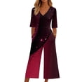 thumbnail image 2 of Baggy Jumpsuits For Women Summer Short Sleeve Overalls V Neck Loose Wide Leg Floral One Piece Rompers With Pockets Red S, 2 of 6