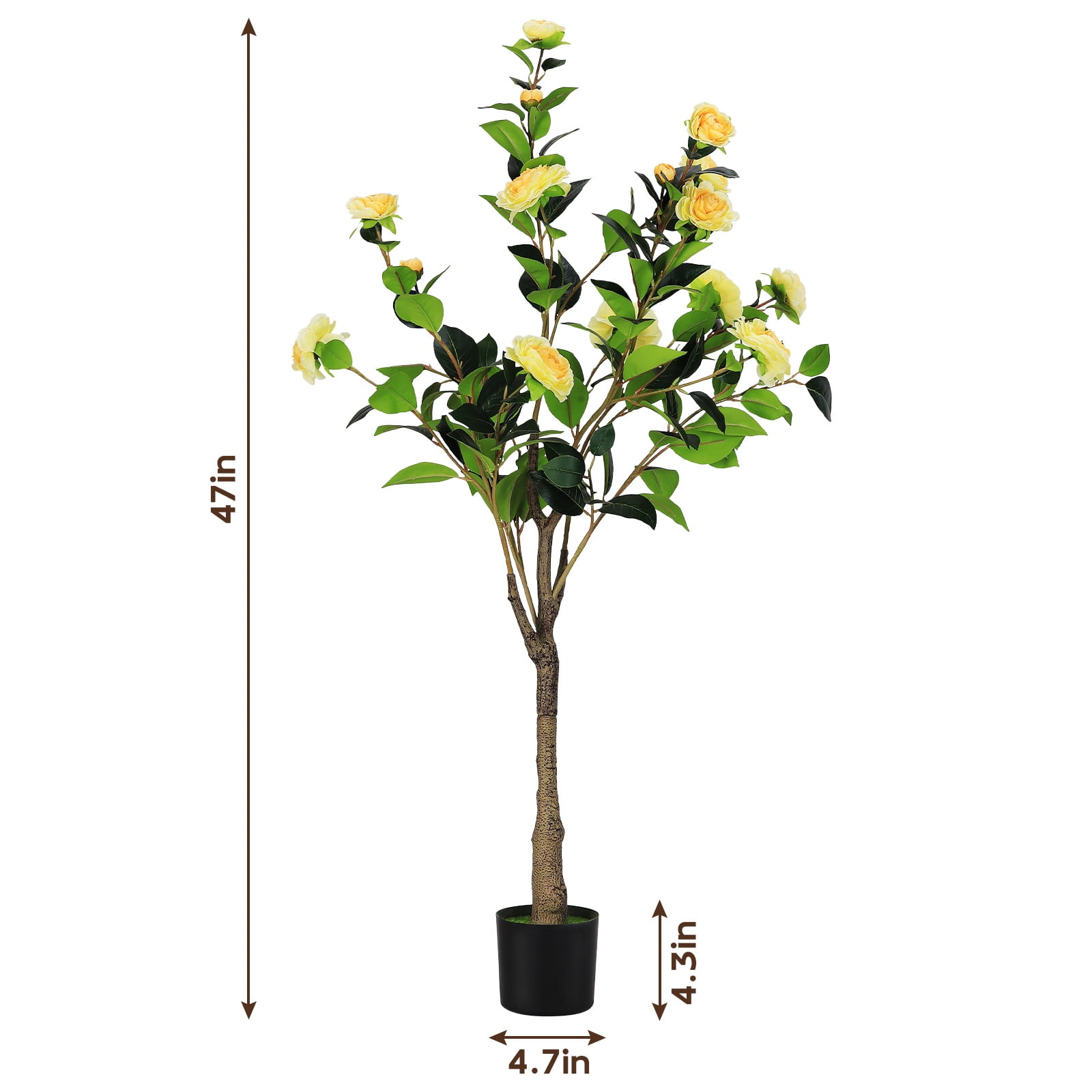 2-Pack 47 Inch Artificial Camellia Tree with Yellow  Flowers - 4 FT Faux Blooming Plant for Indoor Outdoor Home, Office & Front Door