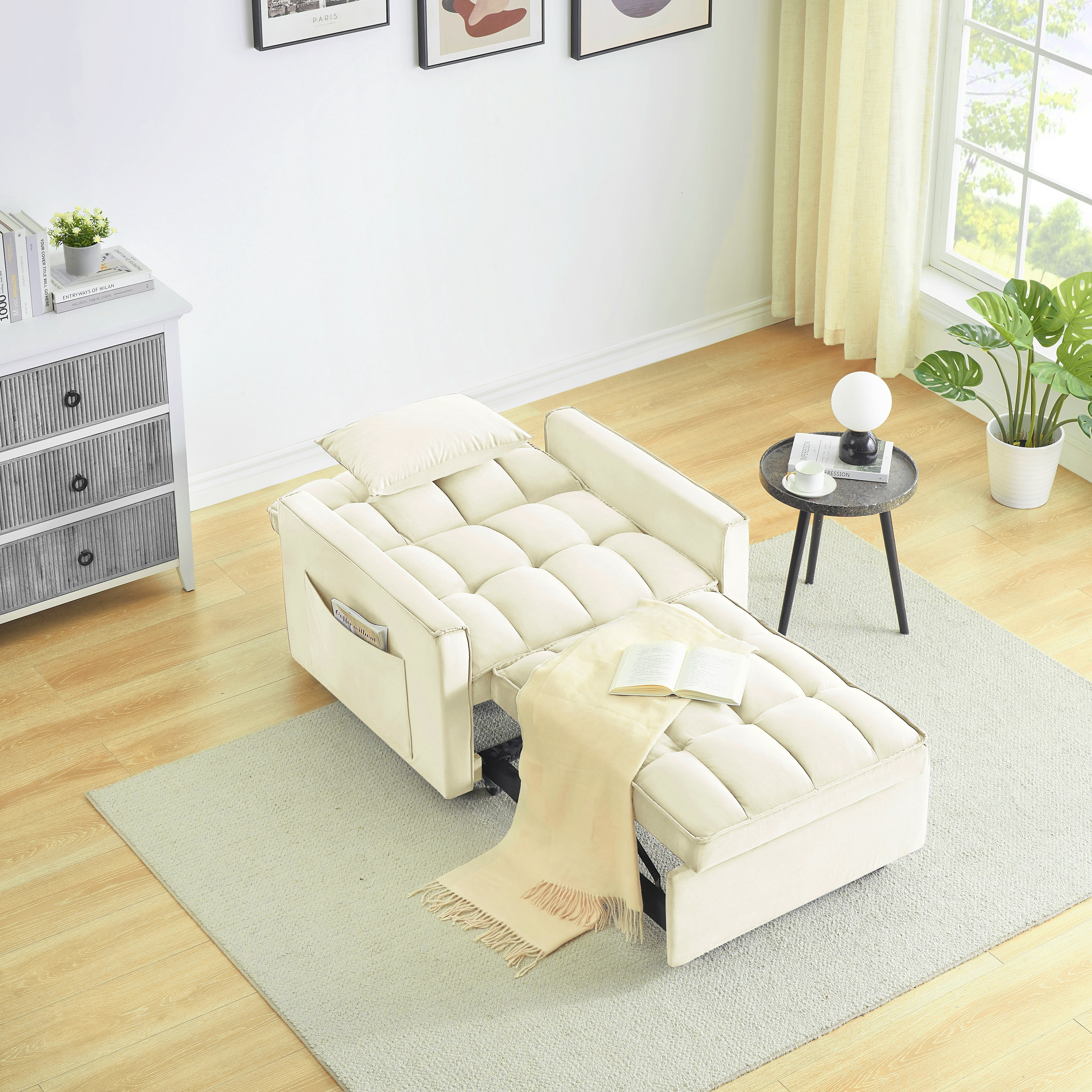 avobird 3 in 1 Convertible Chair Bed Sleeper, Pull Out Sofa Bed With adjustable back/USB port/ashtray/swivel phone stand, Beige