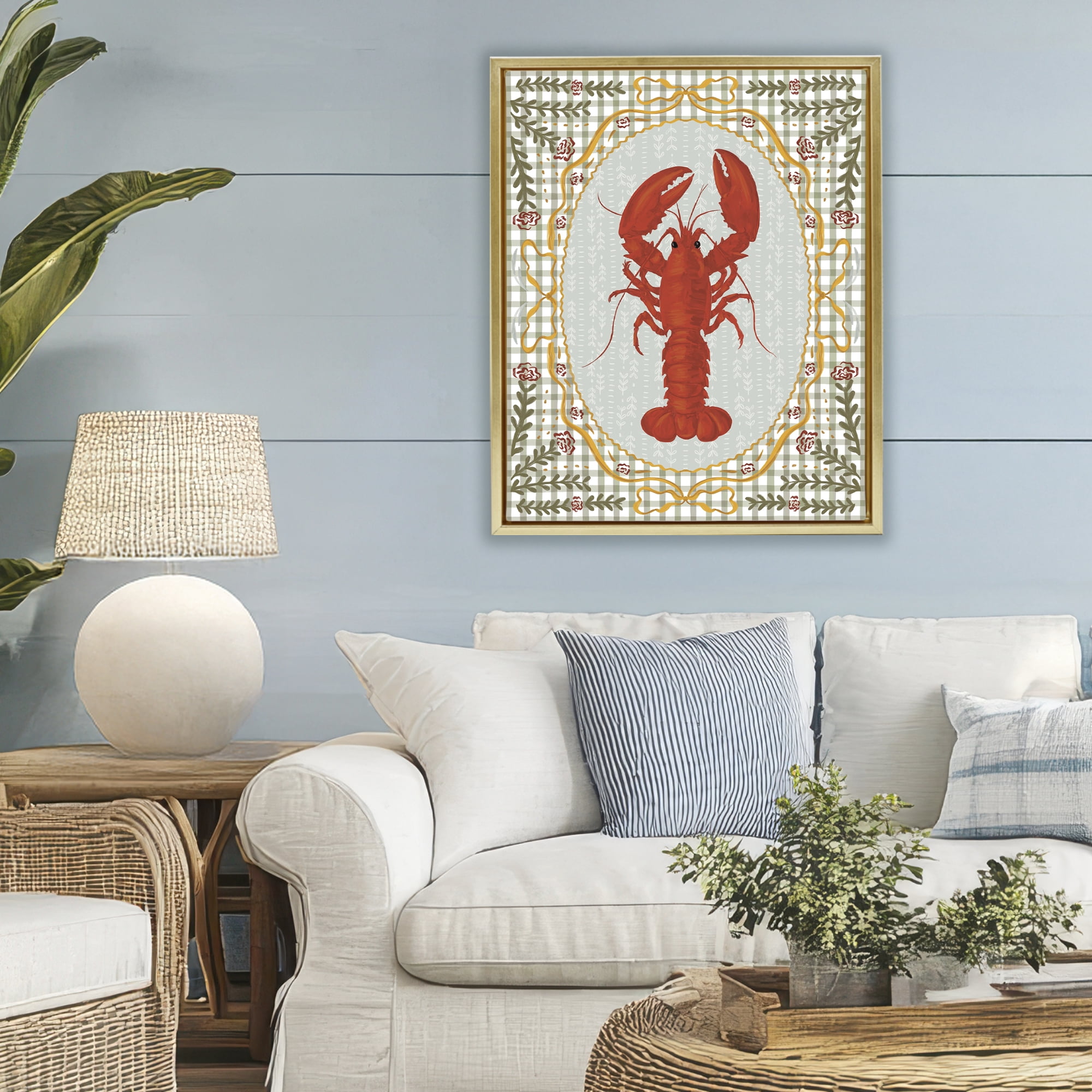 Stupell Industries Lobster with Gingham Kitchen Charm Gold Framed Floater Canvas Wall Art, design by Vero Illustrates